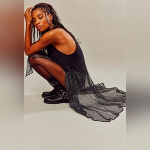 Free People Another Galaxy Mesh Sequin Rocker Black Maxi Top XS